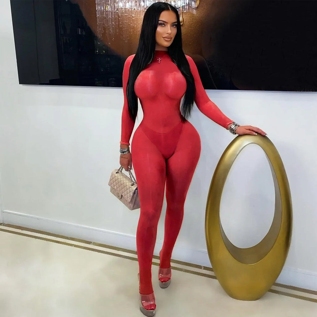 Carlisle See Through Silky Glossy High Stretchy Seamless Skinny Jumpsuit
