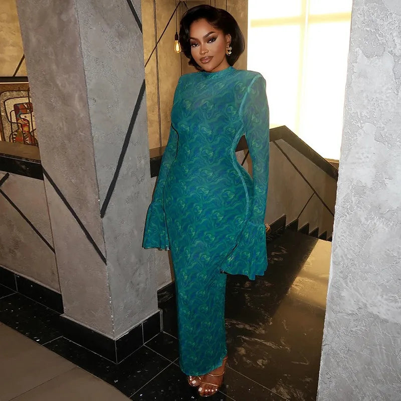 Retro Print O-Neck Long Flare Sleeve Shoulder Pad Waistband Hips Wrapped Long Dress