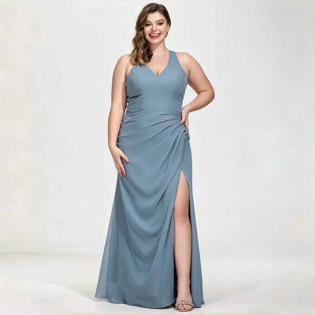 La Cuaba Dusty Pink Plus Size Chiffon Bridesmaid Sleeveless Deep V Neck Side Ruched Dress