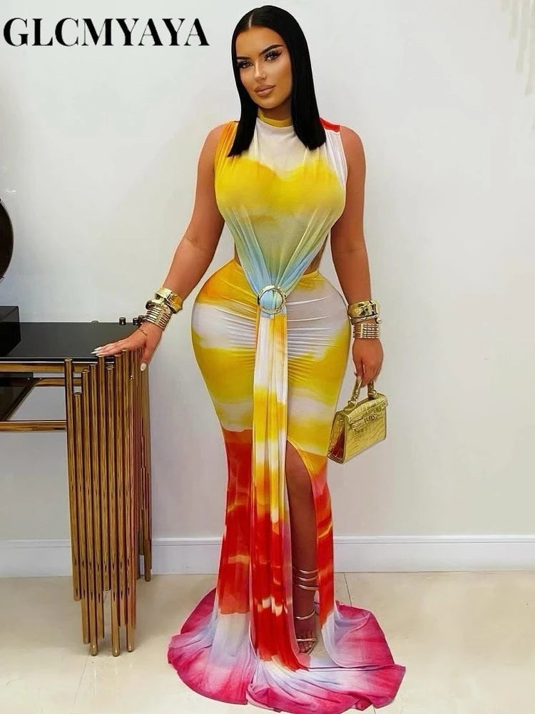 O Neck High Split Stacked Print Bodycon Long Maxi Dress