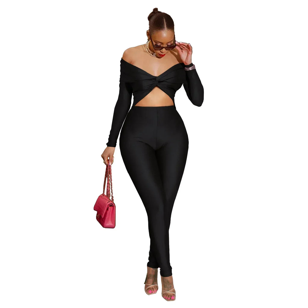 Oneida Hollow Out Sexy Party Clubwear Long Sleeve Slash Neck Crop Jumpsuits