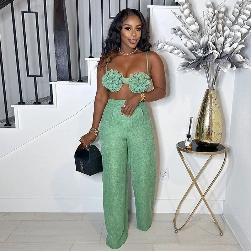 Amalia Flower Crop Wide Leg Elegant Two Piece Sets