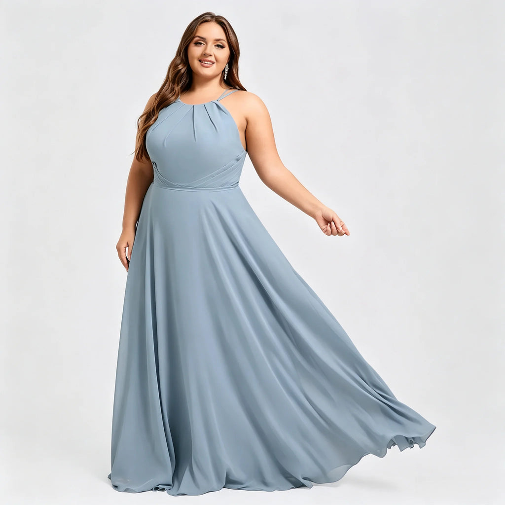 Los Mina Plus Size Halter Chiffon Bridesmaid Spaghetti Straps A Line Maxi Dress