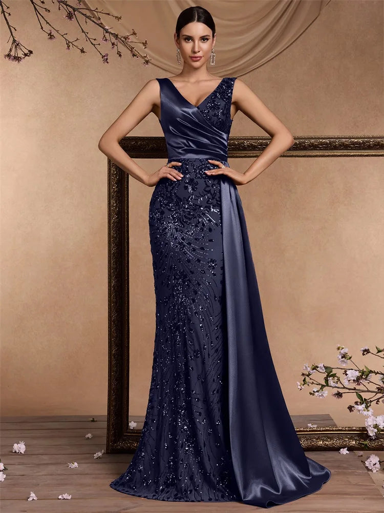 Puebla Elegant V Neck Splice Ribbons Sequins Sleeveless Mermaid Formal Dress