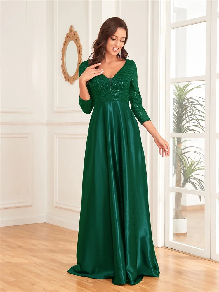 Egipt Elegant Sequins Long sleeves Evening Luxury Deep V Neck Satin Dress