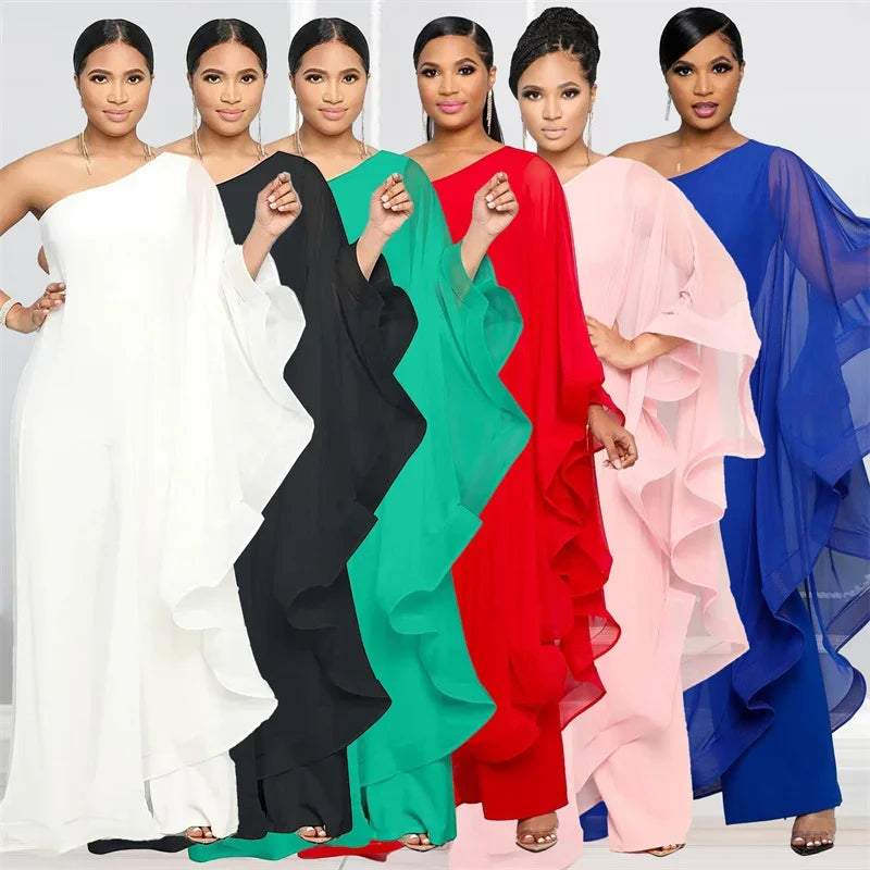 Oldwick Elegant Chiffon One Shoulder Wide Leg Jumpsuit
