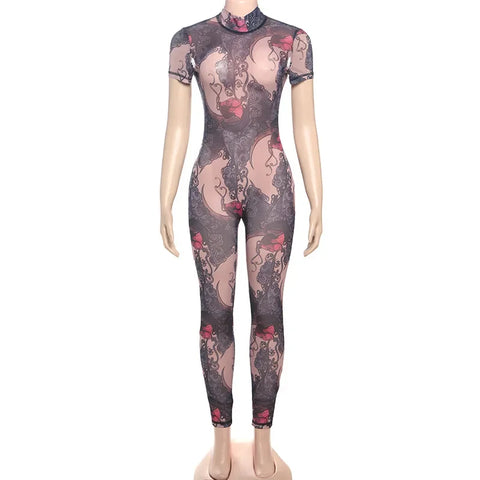 Auburn Hollow Out Playsuits Female Nightout Fashion Mesh Thin Sheer Jumpsuits