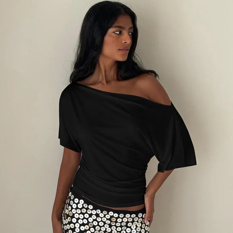 Weequahic One Shoulder Fashion Slim Shrink Sleeve Solid Pullover Tops