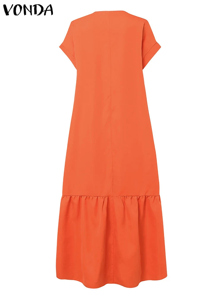 Plus Size Bohemian Sundress Solid Color Casual Short Sleeve Party Ruffled Dress