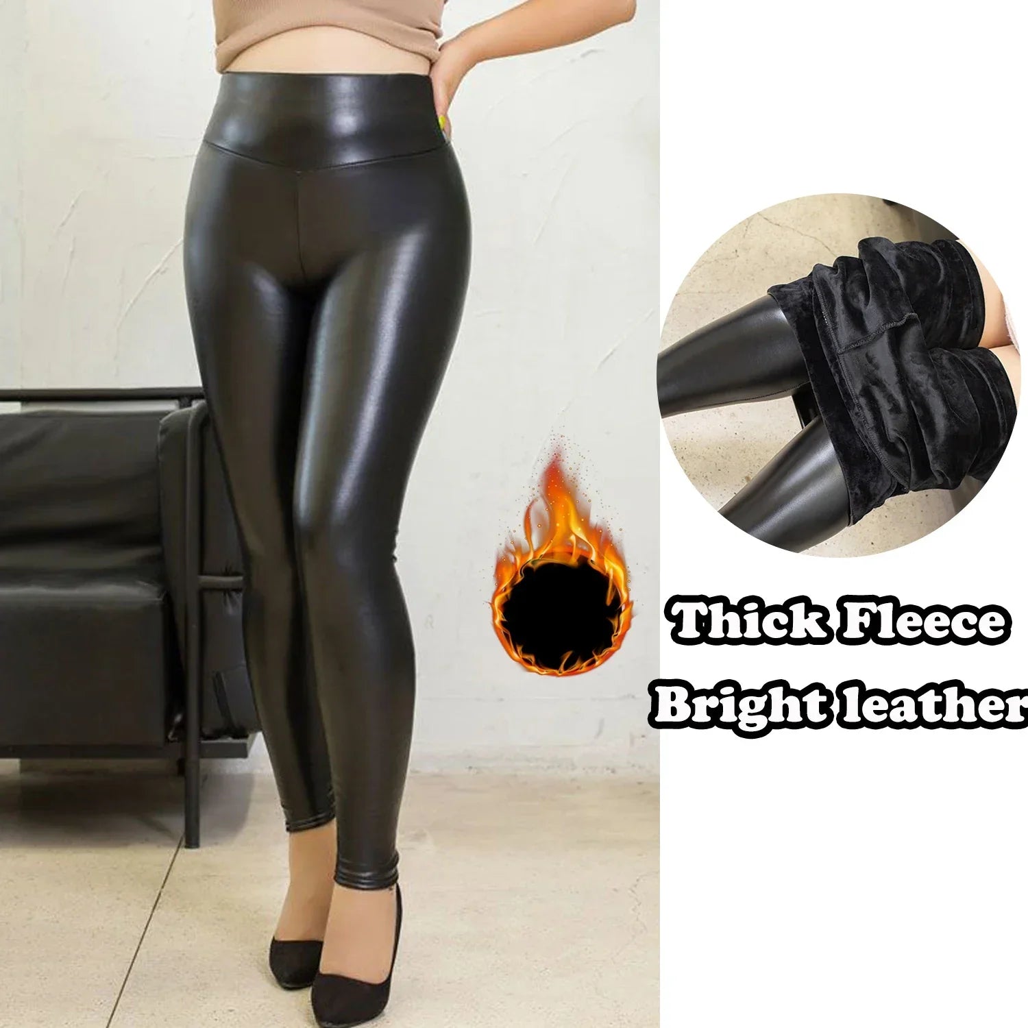 Red Bank PU Leather Leggings Leather Pencil Pants Female High Waist Sexy Skinny Thin Leather Trousers