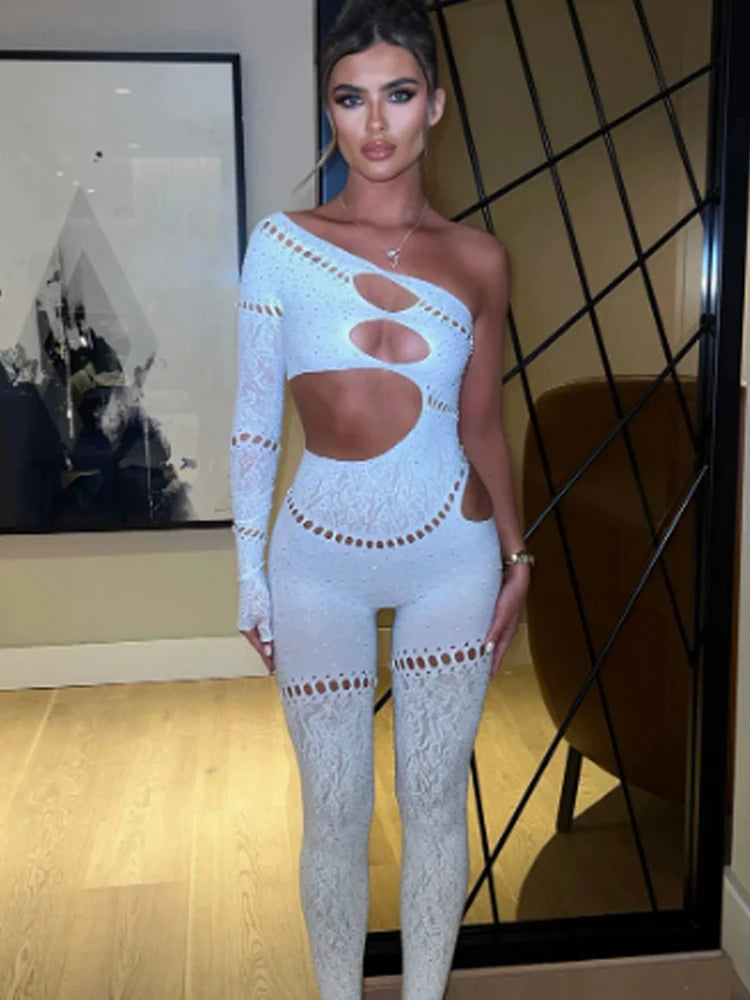 Darien Shine Rhinestones Irregular Hollow Skew Collar Single Sleeve Hottie Jumpsuit