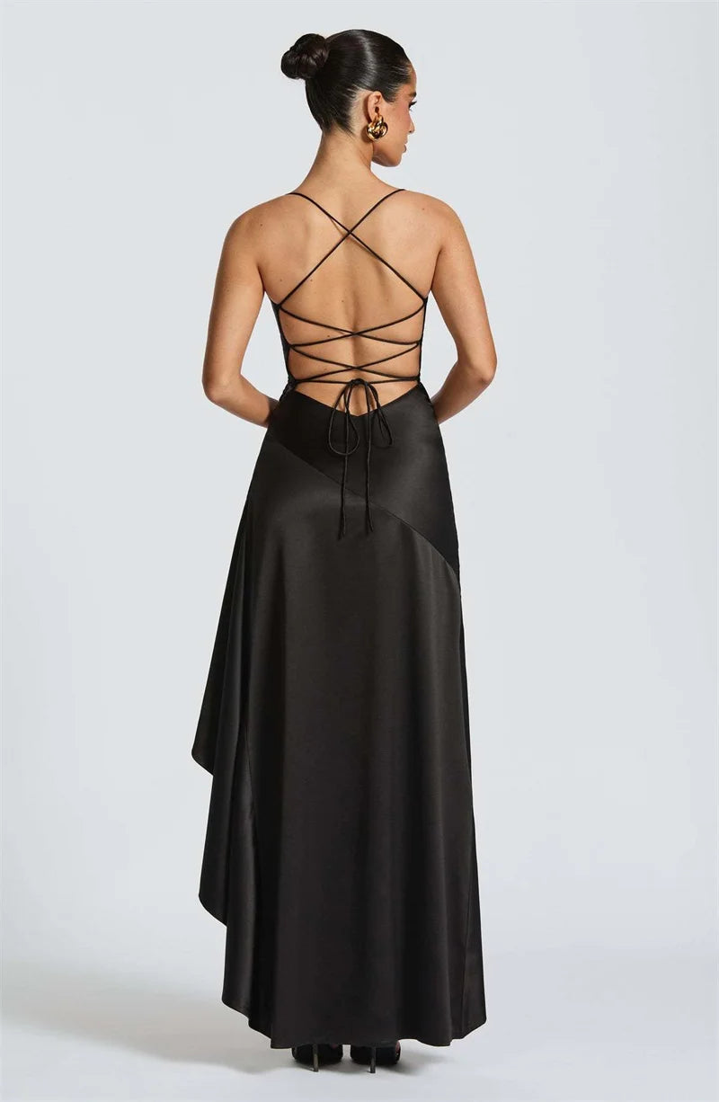 Haverstraw Satin Spaghetti Strap Ruffle Sexy Off-shoulder Sleeveless Backless Maxi Dress