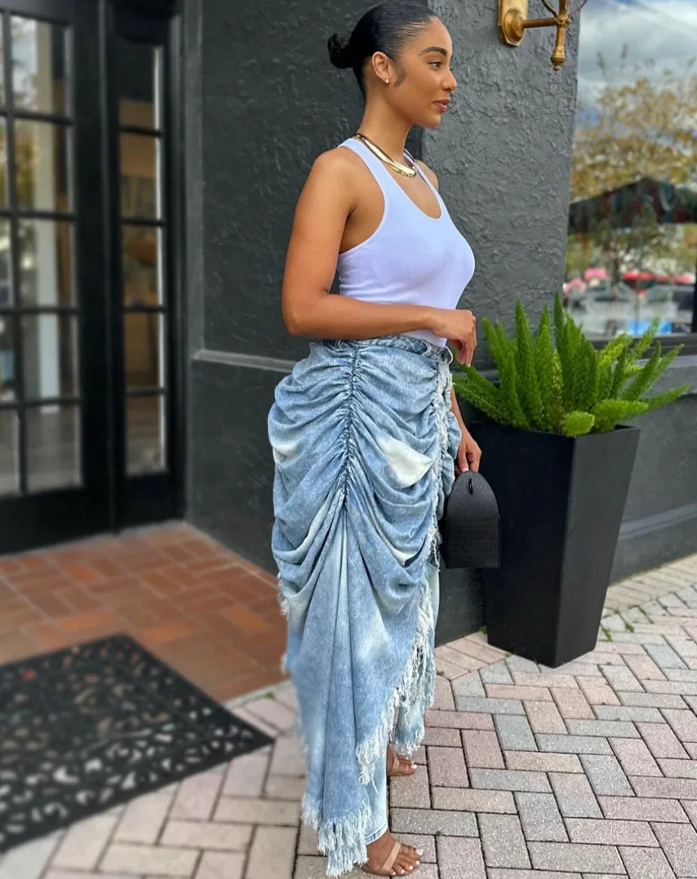 Absecon Ruched Frayed Trim Casual Contrast High Street Vintage Casual Asymmetric Denim