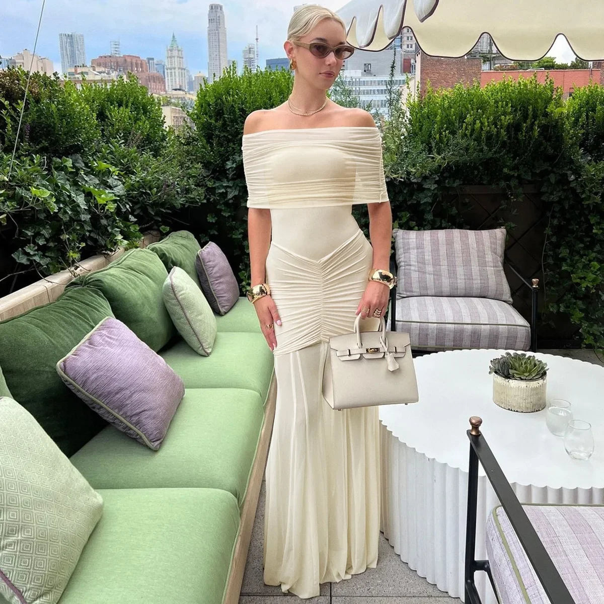 Cowen Off Shoulder Mesh Apricot See Through Ruched Dress