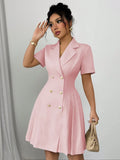 All Ways Solid Color Notched Lapel Double Breasted Short Sleeve Slim Midi Dress