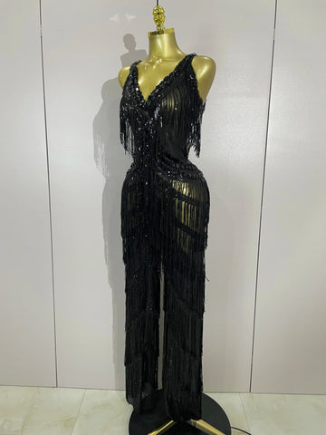 Watkin Glen Sparkly Black Rhinestones Sequined Fringe jumpsuit