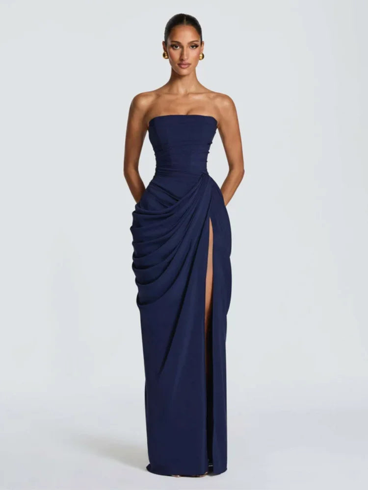 Tapansee Solid Sexy Pleated Strapless Off Shoulder Backless High Waist Split Maxi Dress