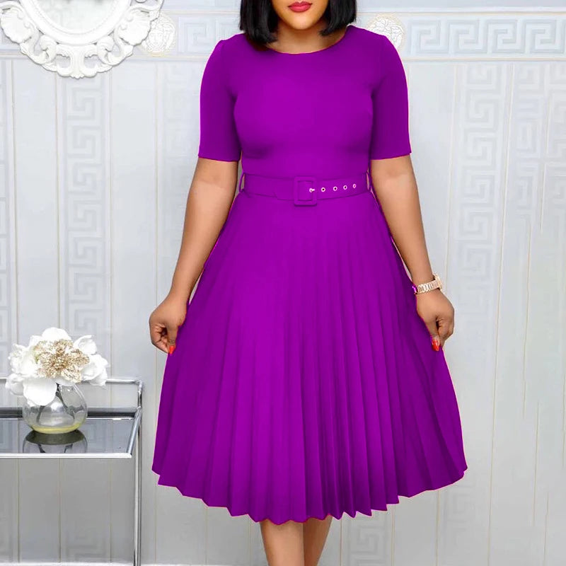 Cincinnati Plus Size Pleated Ladies O Neck Solid With Belt Mid-Calf Office Dress