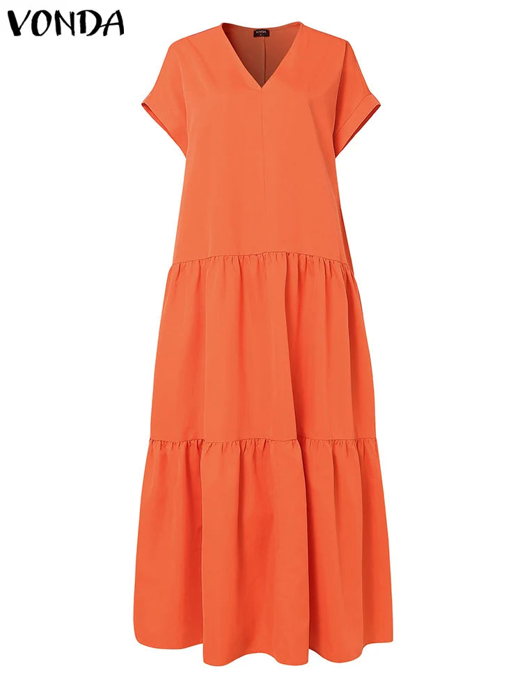 Plus Size Bohemian Sundress Solid Color Casual Short Sleeve Party Ruffled Dress