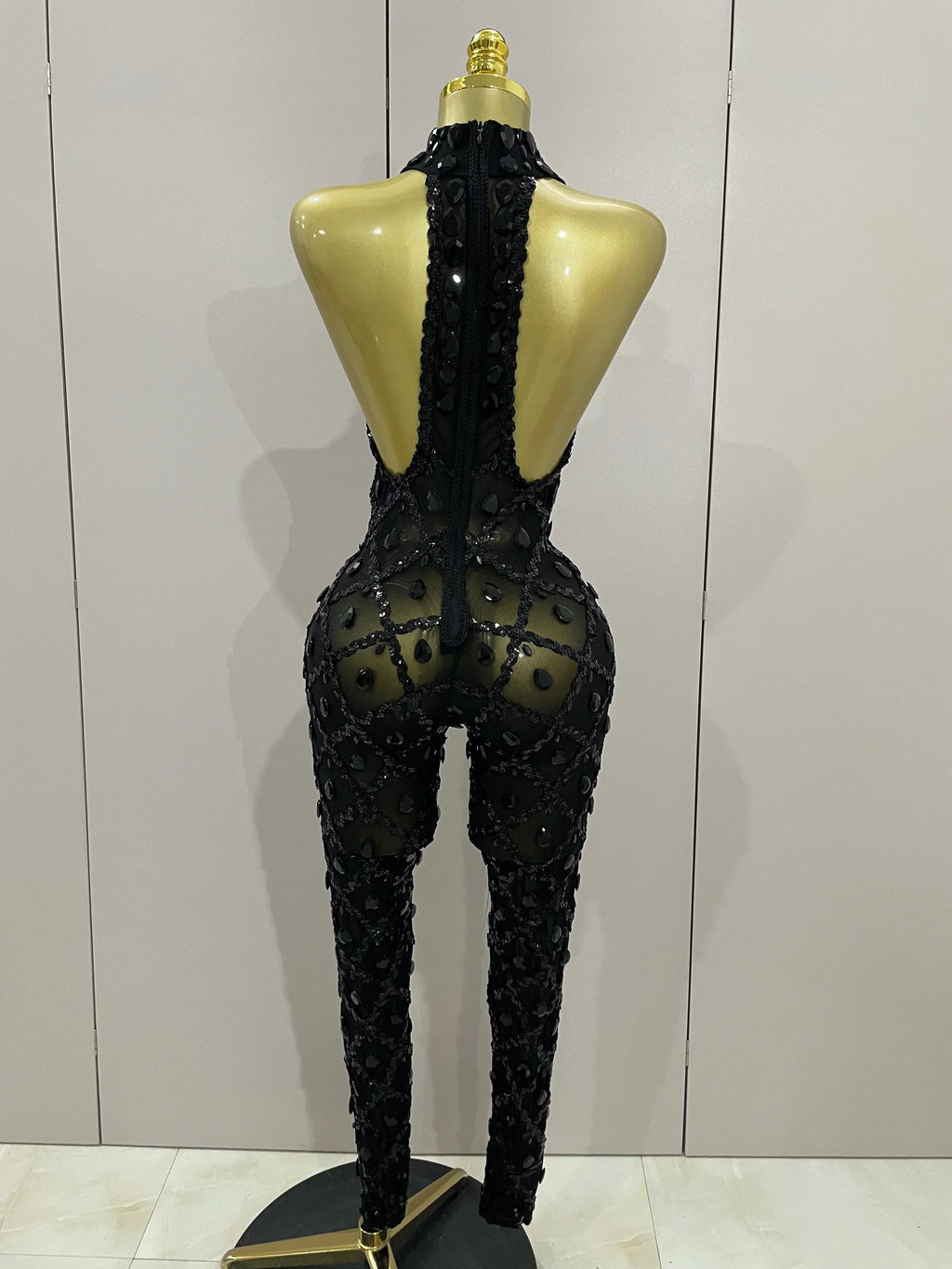 Scranton Sparkly Black Diamond Mesh See THhrough Jumpsuit