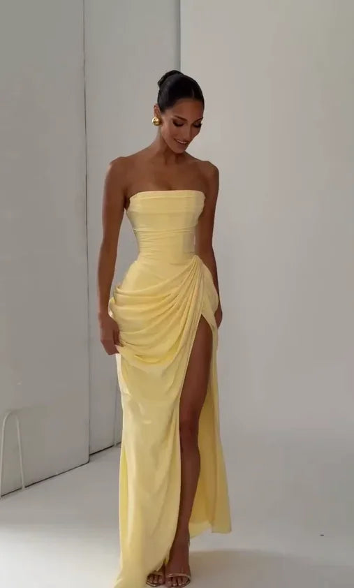 Tapansee Solid Sexy Pleated Strapless Off Shoulder Backless High Waist Split Maxi Dress