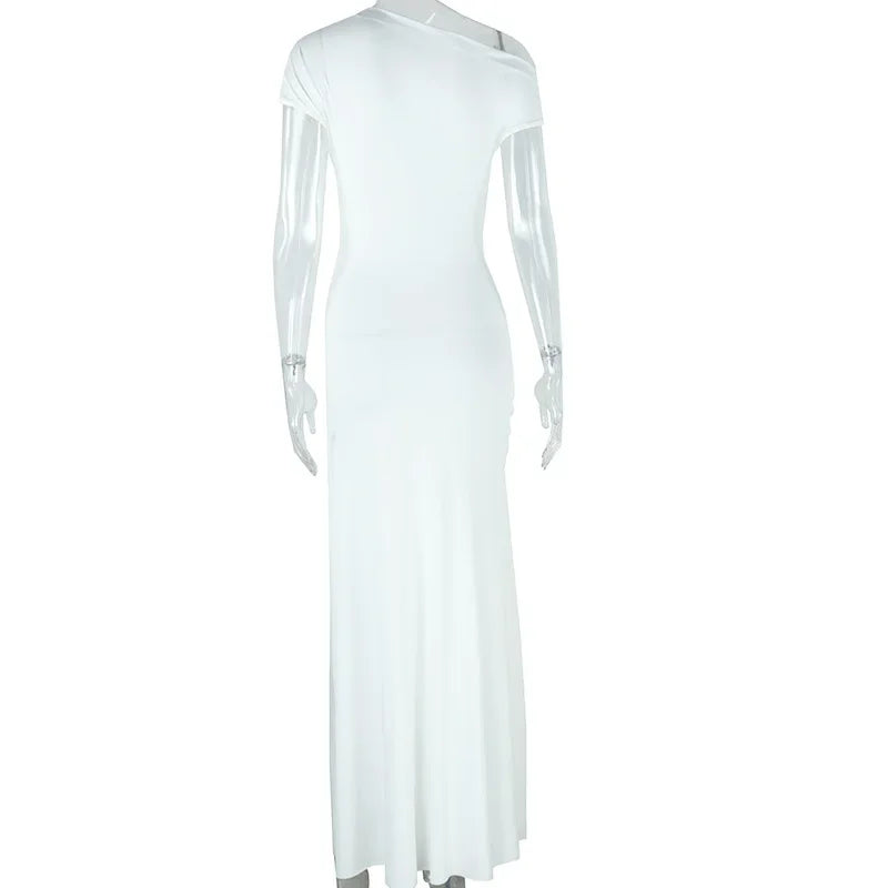 Milan Skew Collar Ruched Sexy Street Slim Evening Night Club Long Maxi Dress