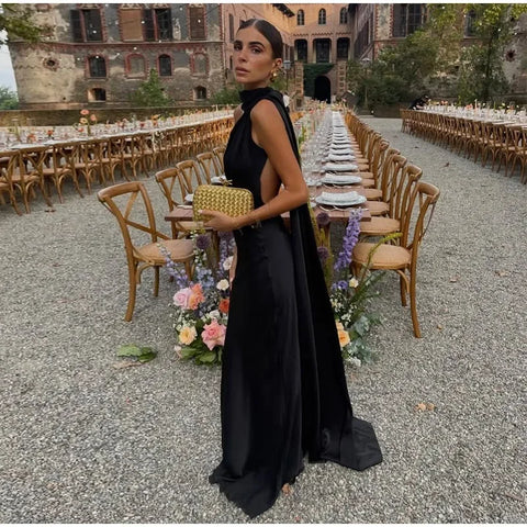 Meadville Elegant Ribbon Halter Solid Off Shoulder Sleeveless Backless Slim Maxi Dress