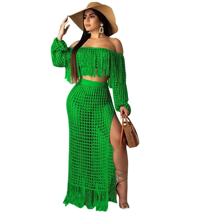 Off Shoulder Tassel Hollow Out Beach Set