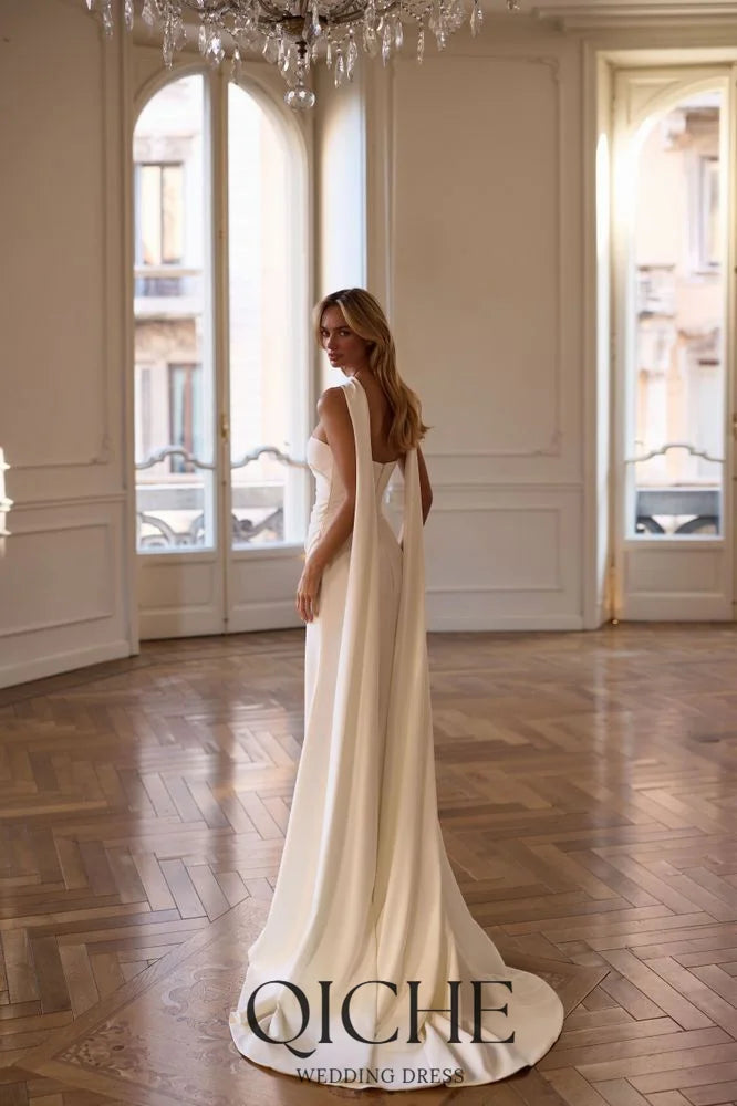 Pleat Elegant Satin Bride Gowns Strapless Mermaid Side Split Sexy Ivory Wedding Party Dress