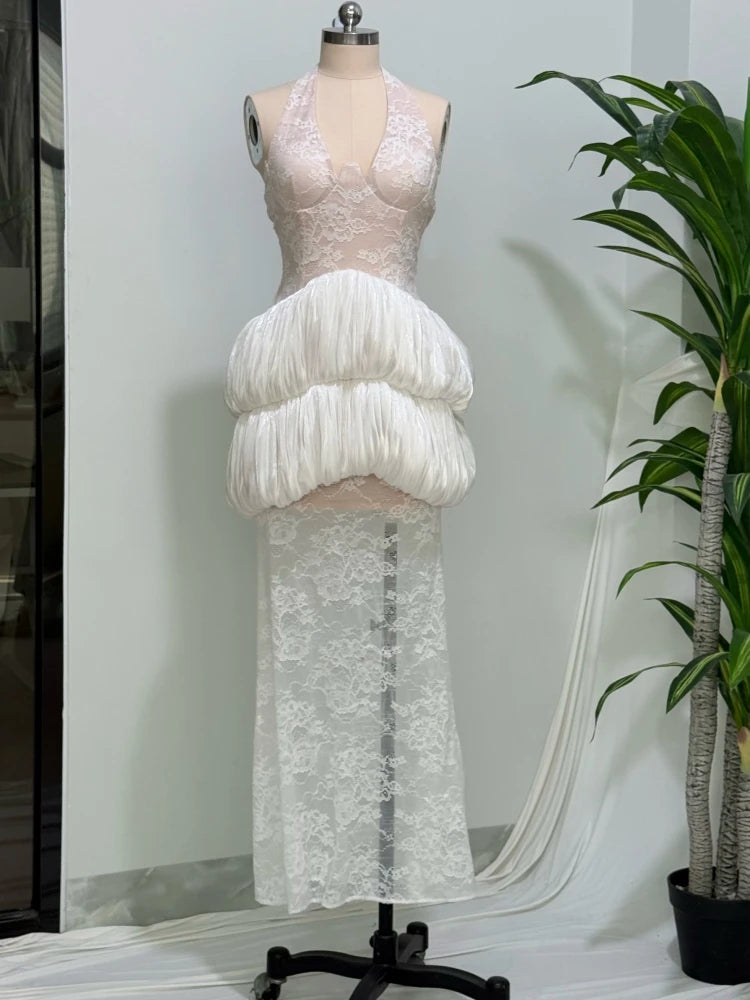 Cotui Sexy Halter Neck Lace Patchwrok Tiered Ruffles Long Backless Slim Dress