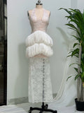Cotui Sexy Halter Neck Lace Patchwrok Tiered Ruffles Long Backless Slim Dress