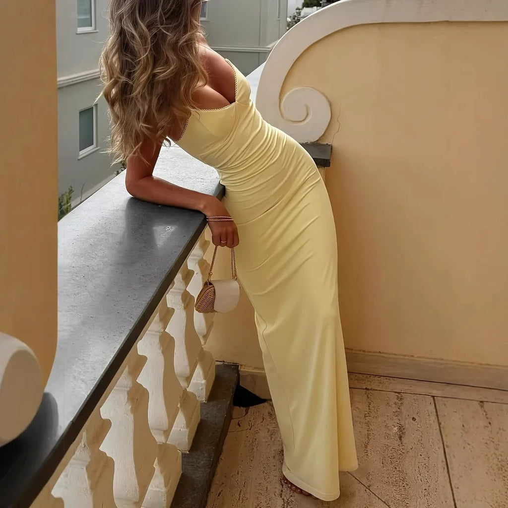 Delaware V Neck Yellow Dress With Sexy Backless Casual Slim Dyed Dress
