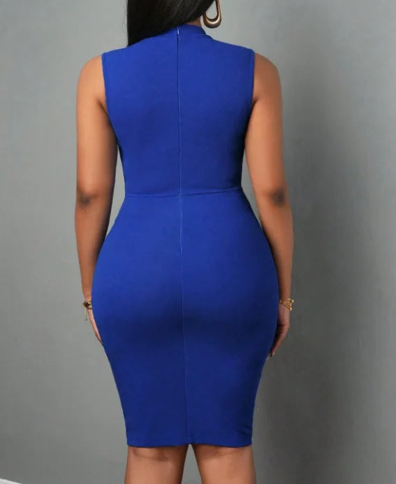 Arizona Elegant Sleeveless Bodycon Stand Collar Neck Tie Ruched Waist Sheath Midi Dress