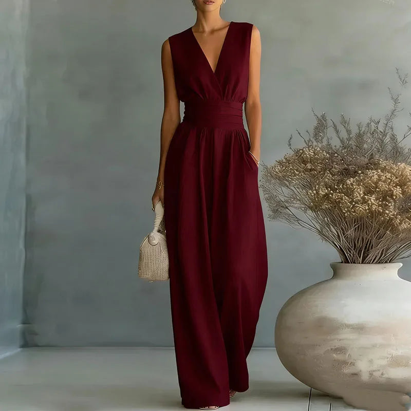 Women's Jumpsuit Fashion High Waist V-neck Casual Jumpsuits Sexy Solid Color Office Wide Leg Trousers Overalls Linen Chic