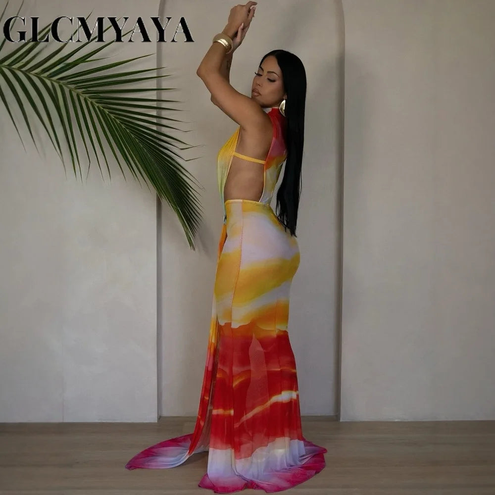 O Neck High Split Stacked Print Bodycon Long Maxi Dress