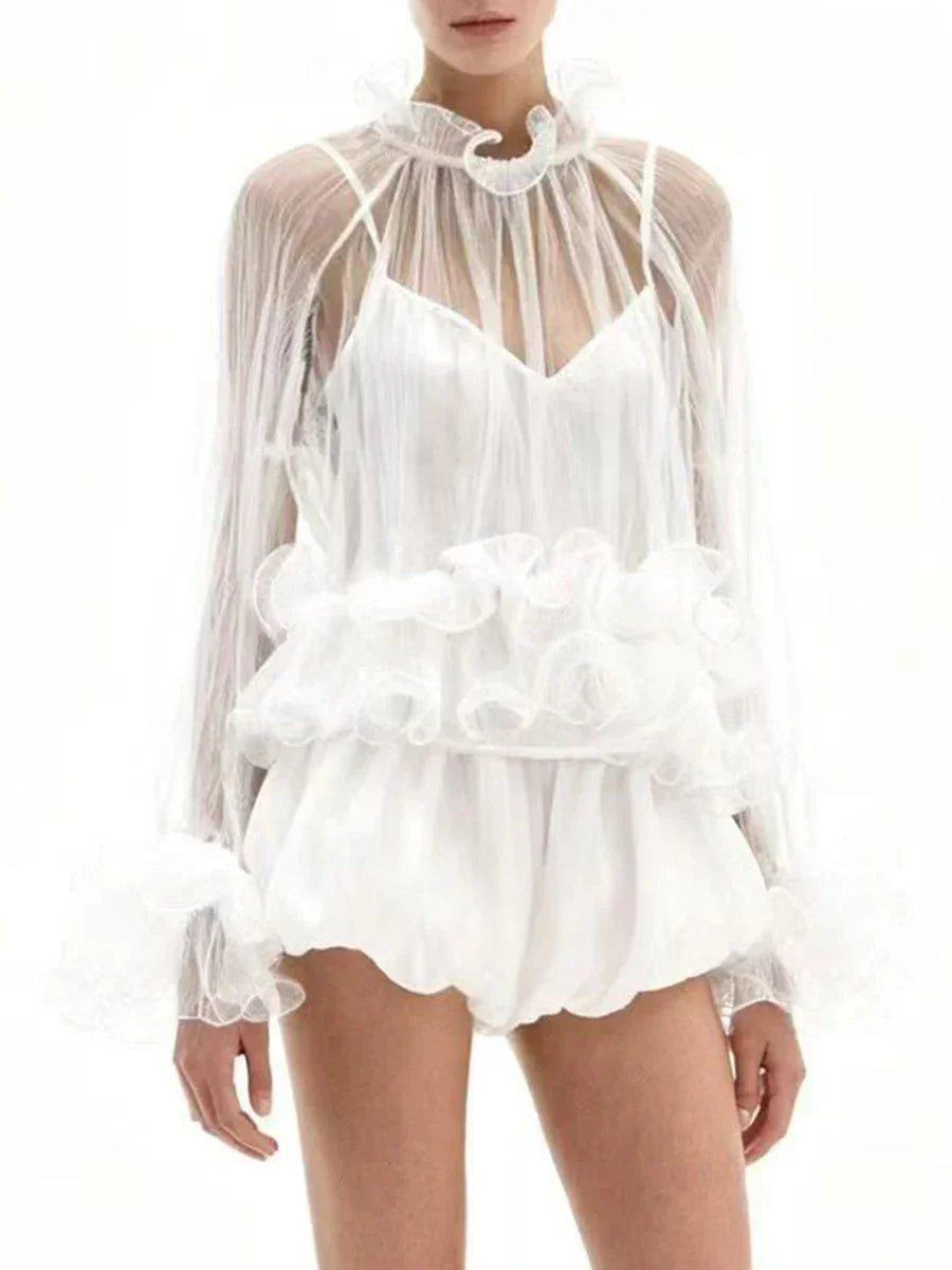 Quakertown Solid Sheer Spliced Fungus Folds Fashion Blouses