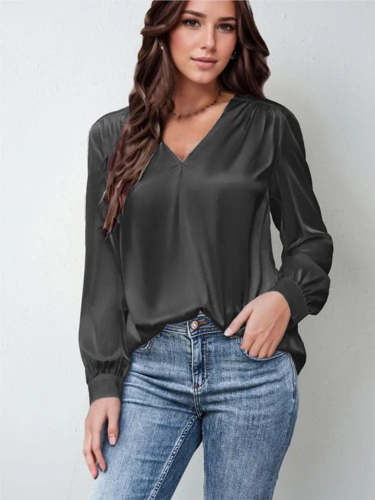 Elmer Solid Color V-Neck Long Sleeve Office Loose Elegant Blouse