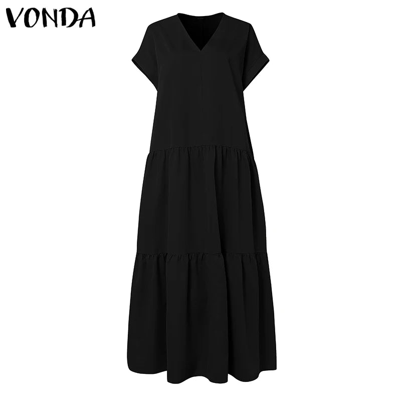Plus Size Bohemian Sundress Solid Color Casual Short Sleeve Party Ruffled Dress