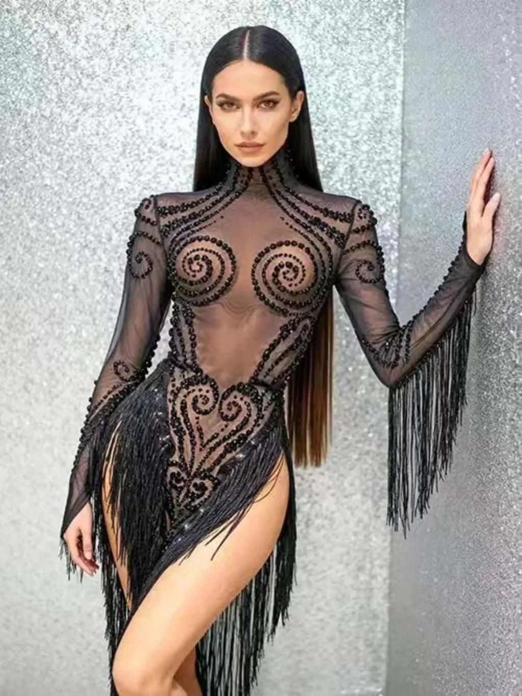 Carbondale Sparkly Rhinestone Tassel See Through Mesh Mini Dress
