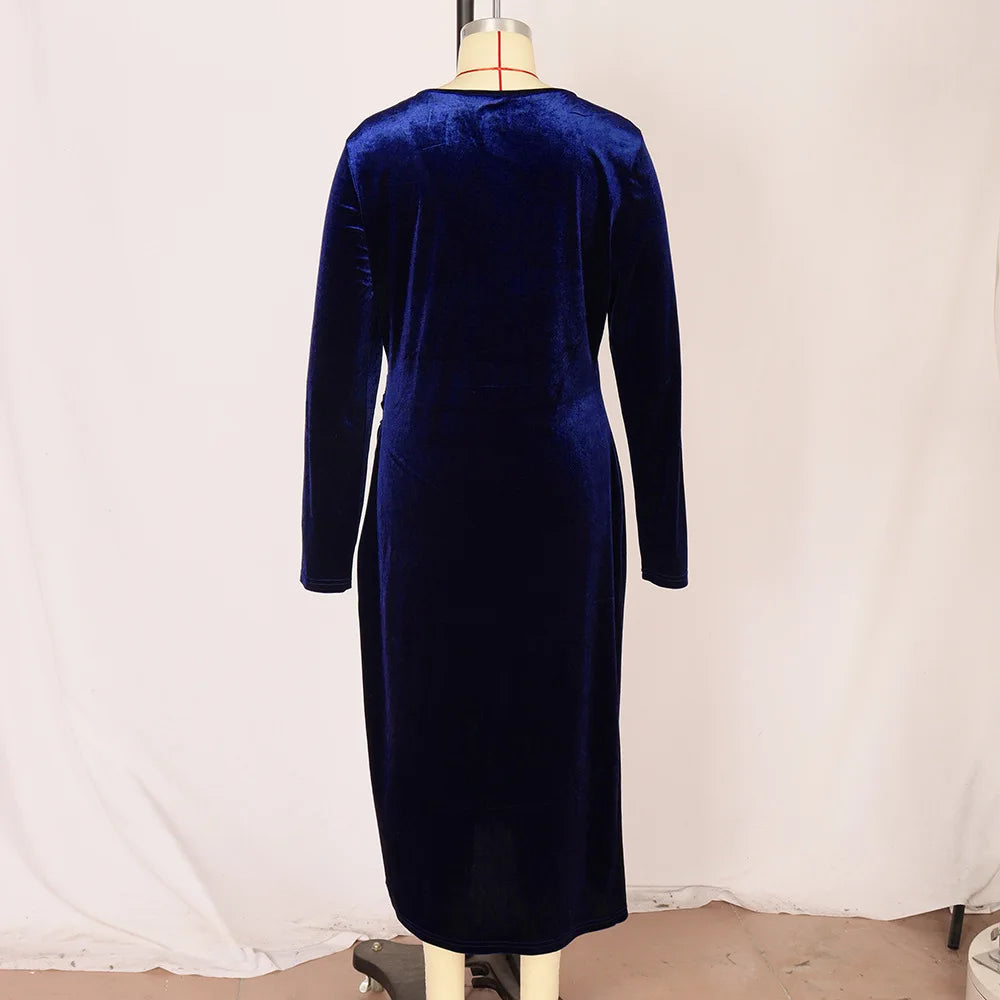 Asbury Park Elegant Velvet Plus Size Bodycon Sexy Wrapped V-Neck Long Sleeve Midi Dress