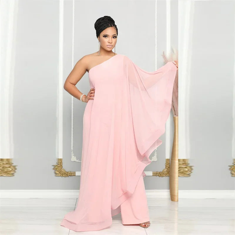 Oldwick Elegant Chiffon One Shoulder Wide Leg Jumpsuit