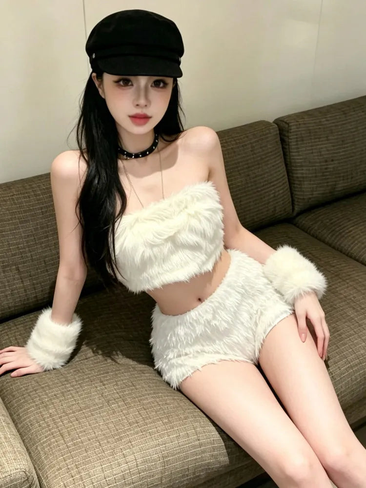Rosaura Sexy Girl One Shoulder Furry Two Piece Sets