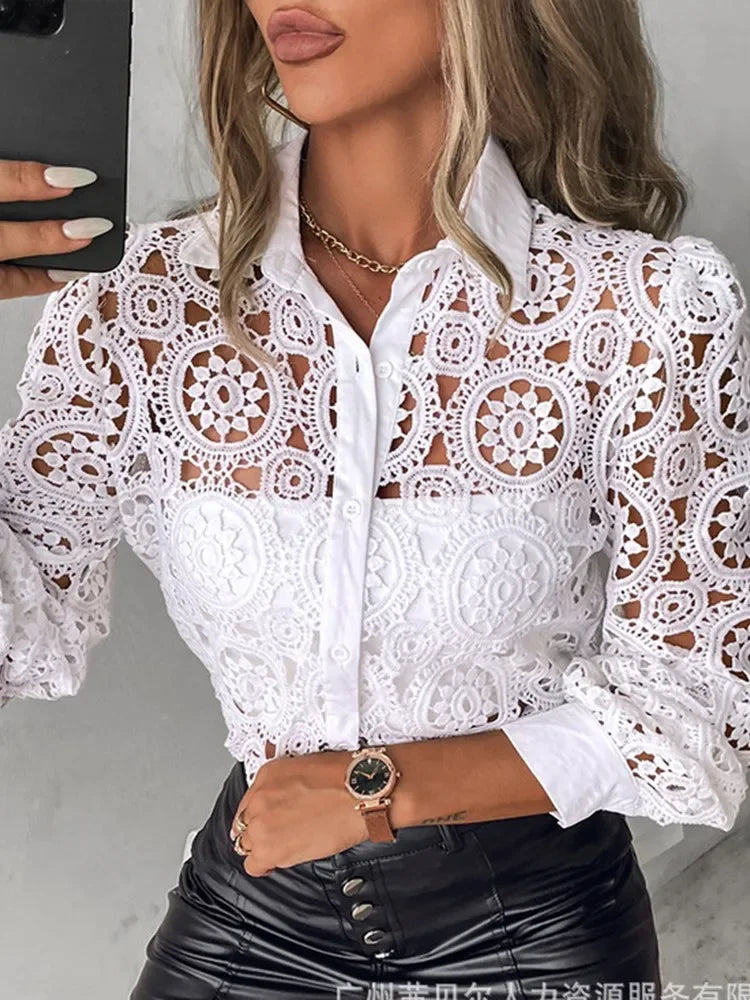 Lansdale Elegant Office White Shirt Long Sleeve Button Turn-down Collar Sexy Hollow Blouse