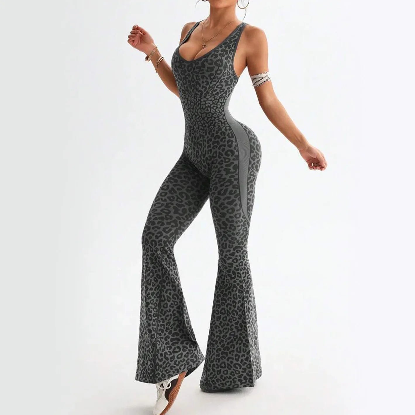 Reading Leopard Sportwear Sleeveless Backless Flare Jumpsuits