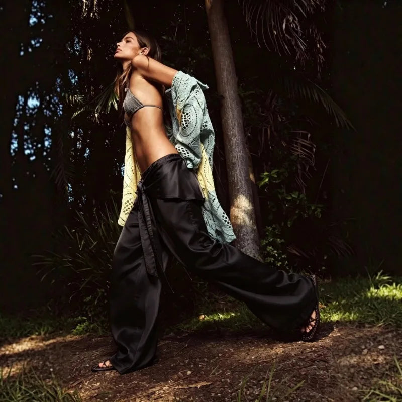 Boca Chica Tie Waist Foil Satin Wide Leg Boho Lazy Casual High Waist Pants