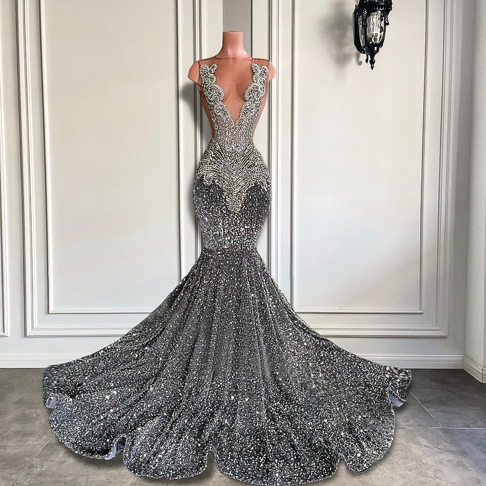 Fanwood Long Sparkly Prom Dresses Sheer O-neck Luxury Silver Crystals Diamond Sequin Gowns