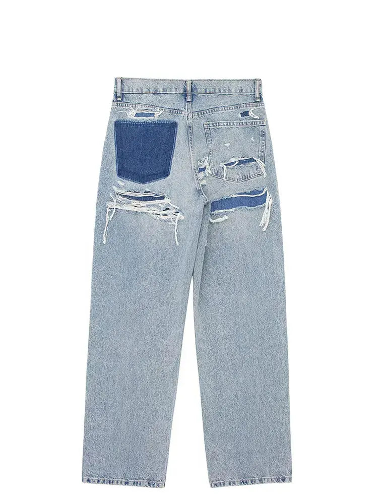 Jeans For Women 2024 Denim Solid Loose Zipper Fly Female Hole Trouser