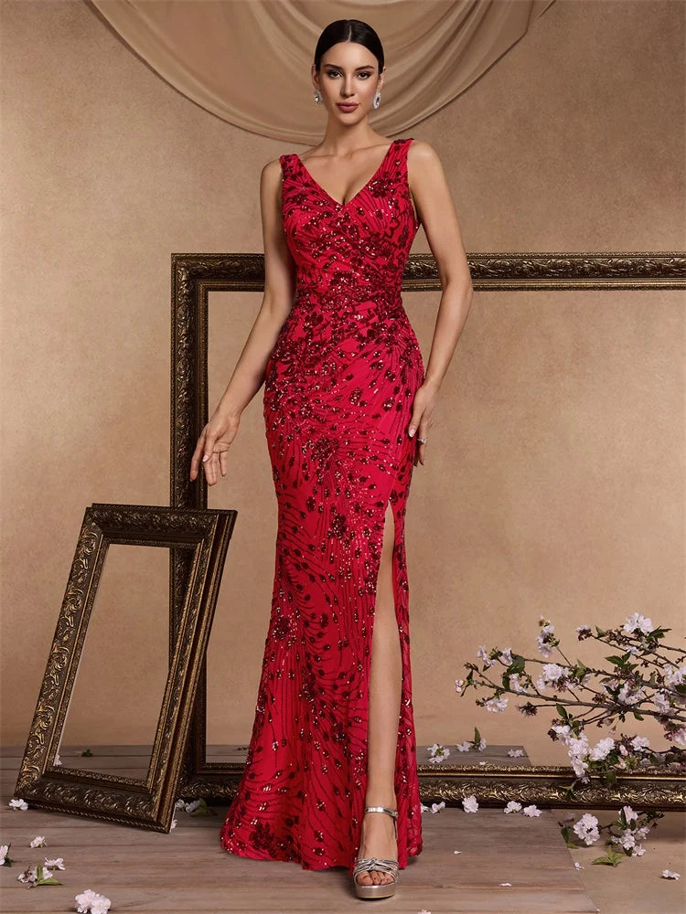 Praga Elegant Slit Evening Long Mermaid Formal Sequin Sexy V Neck Dress
