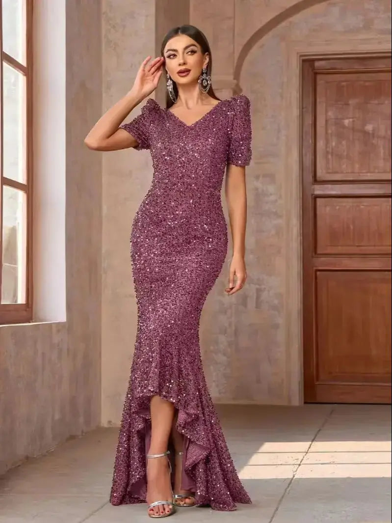 Miami Elegant Sequin Evening Gown Stunning Long Ruched Maxi Dress