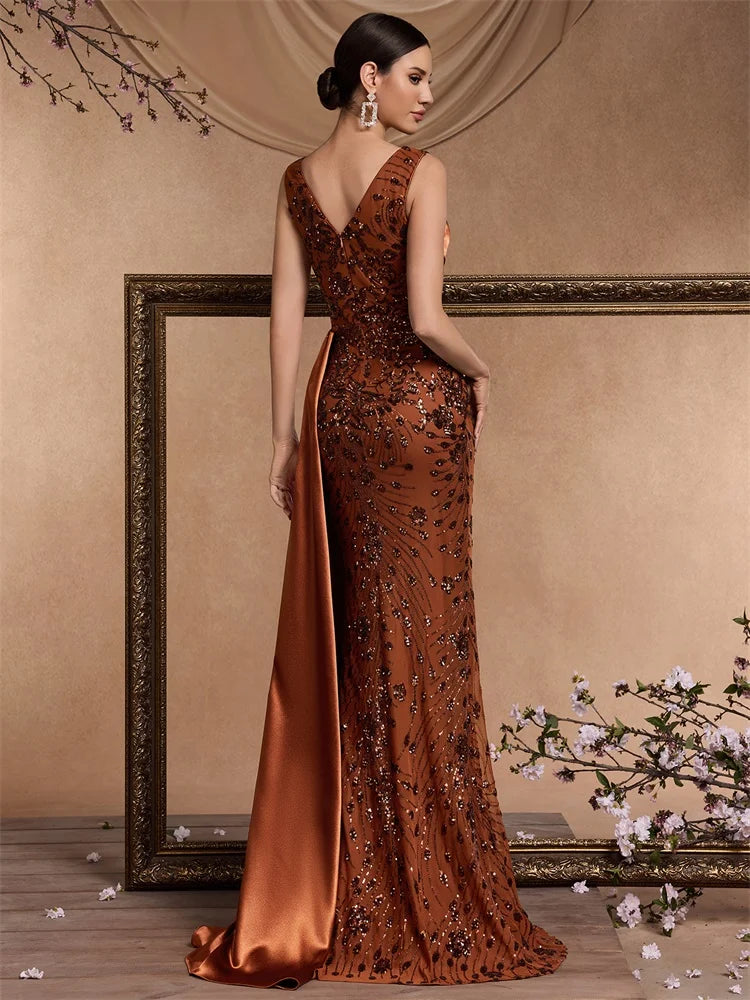 Puebla Elegant V Neck Splice Ribbons Sequins Sleeveless Mermaid Formal Dress